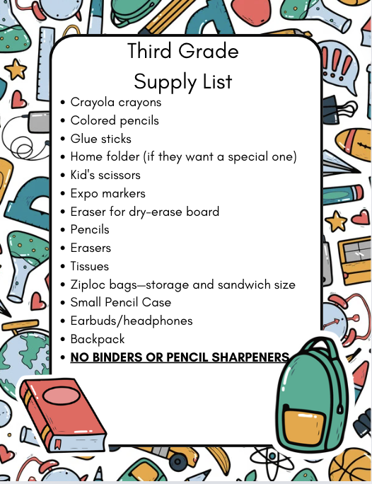 Third Grade Supply List  Crayola crayons Colored pencils Glue sticks Home folder (if they want a special one) Kid's scis